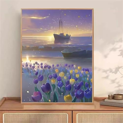 Umfarvt Tulpensegelboot Malen Nach Zahlen Erwachsene,Paint by Numbers Adult,DIY Framed DIY mit Pinseln und Acrylfarben Handgemalt Ölgemälde Leinwand für Home Wand Dekor 30x40cm von Umfarvt