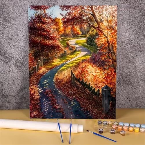 Umfarvt Waldweg Malen Nach Zahlen Erwachsene,Paint by Numbers Adult,DIY Framed DIY mit Pinseln und Acrylfarben Handgemalt Ölgemälde Leinwand für Home Wand Dekor 60x75cm von Umfarvt