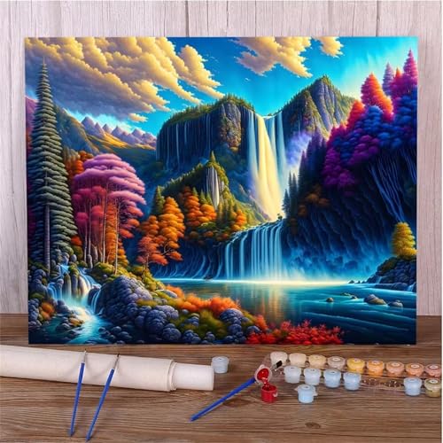 Umfarvt Wasserfalllandschaft Malen Nach Zahlen Erwachsene,Paint by Numbers Adult,DIY Framed DIY mit Pinseln und Acrylfarben Handgemalt Ölgemälde Leinwand für Home Wand Dekor 30x40cm von Umfarvt