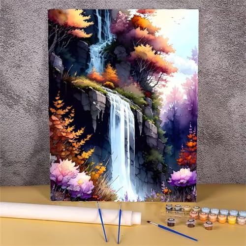 Umfarvt Wasserfalllandschaft Malen Nach Zahlen Erwachsene,Paint by Numbers Adult,DIY Framed DIY mit Pinseln und Acrylfarben Handgemalt Ölgemälde Leinwand für Home Wand Dekor 55x70cm von Umfarvt