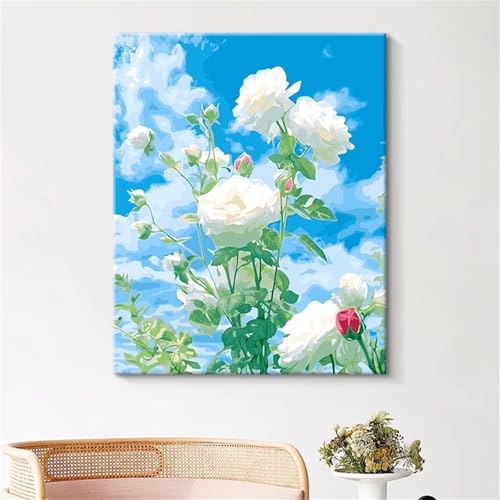 Umfarvt Weiße Blumen Malen Nach Zahlen Erwachsene,Paint by Numbers Adult,DIY Framed DIY mit Pinseln und Acrylfarben Handgemalt Ölgemälde Leinwand für Home Wand Dekor 40x50cm von Umfarvt