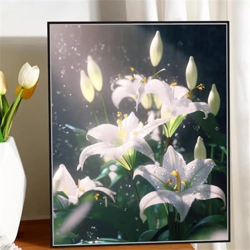 Umfarvt Weiße Blumen Malen Nach Zahlen Erwachsene,Paint by Numbers Adult,DIY Framed DIY mit Pinseln und Acrylfarben Handgemalt Ölgemälde Leinwand für Home Wand Dekor 55x70cm von Umfarvt