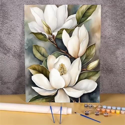 Umfarvt Weiße Magnolien Malen Nach Zahlen Erwachsene,Paint by Numbers Adult,DIY Framed DIY mit Pinseln und Acrylfarben Handgemalt Ölgemälde Leinwand für Home Wand Dekor 55x70cm von Umfarvt