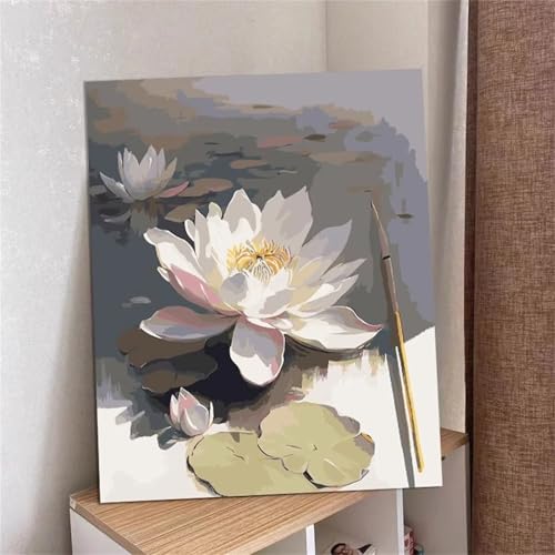 Umfarvt Weißer Lotus Malen Nach Zahlen Erwachsene,Paint by Numbers Adult,DIY Framed DIY mit Pinseln und Acrylfarben Handgemalt Ölgemälde Leinwand für Home Wand Dekor 50x65cm von Umfarvt