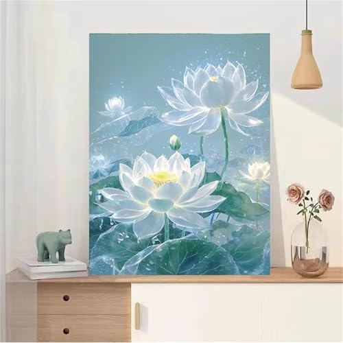 Umfarvt Weißer Lotus Malen Nach Zahlen Erwachsene,Paint by Numbers Adult,DIY Framed DIY mit Pinseln und Acrylfarben Handgemalt Ölgemälde Leinwand für Home Wand Dekor 55x70cm von Umfarvt