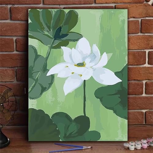 Umfarvt Weißer Lotus Malen Nach Zahlen Erwachsene,Paint by Numbers Adult,DIY Framed DIY mit Pinseln und Acrylfarben Handgemalt Ölgemälde Leinwand für Home Wand Dekor 60x75cm von Umfarvt