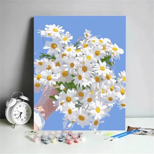 Umfarvt Weißes Gänseblümchen Malen Nach Zahlen Erwachsene,Paint by Numbers Adult,DIY Framed DIY mit Pinseln und Acrylfarben Handgemalt Ölgemälde Leinwand für Home Wand Dekor 30x40cm von Umfarvt