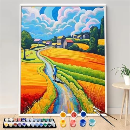 Umfarvt Weizenfeld Malen Nach Zahlen Erwachsene,Paint by Numbers Adult,DIY Framed DIY mit Pinseln und Acrylfarben Handgemalt Ölgemälde Leinwand für Home Wand Dekor 30x40cm von Umfarvt