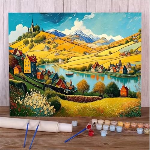 Umfarvt Weizenfeldlandschaft Malen Nach Zahlen Erwachsene,Paint by Numbers Adult,DIY Framed DIY mit Pinseln und Acrylfarben Handgemalt Ölgemälde Leinwand für Home Wand Dekor 55x70cm von Umfarvt