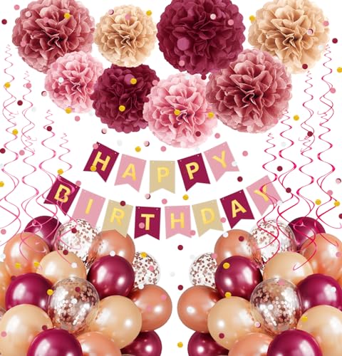 Rosa Burgunderrot Geburtstag Dekorationen Kit mit Luftballons, Seidenpapier Pom Poms, Happy Birthday Banner, Papier Konfetti & Hanging Swirl Birthday Party Dekoration von Umgozrz