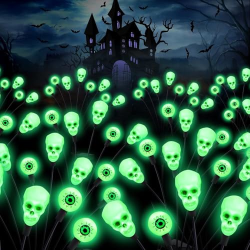 Umikk Halloween Augapfel Skelett Gartenlichter, 2 Stück 16 LED Halloween Augapfel Skelett Gartenlichter, Halloween Solar Lichter für Innen, IP65 wasserdichte Solarlampen für Garten/Party-Deko von Umikk