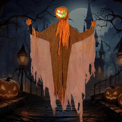 Umikk Halloween Deko Kürbis, Halloween Dekoration Elektrischer Schüttelkopf Kürbiskopf mit LED Licht, Hängende Halloween Laterne Kürbiskopf, Halloween Deko Geister Baumstumpf für Vorgarten von Umikk