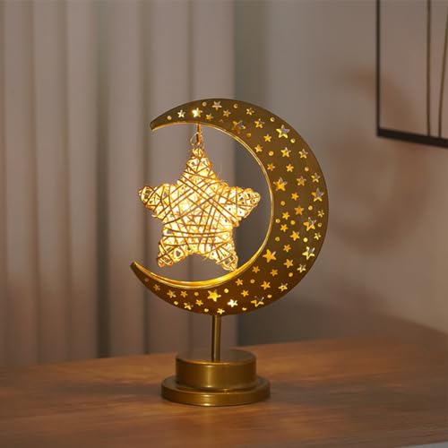 Umikk LED Ramadan Lichter Mondlampe, Ramadan Dekoration LED Eisen Mond Stern Eid Lichter, Eisen Ramadan Halbmond Lampe, Muslim Islam Tischdekoration Batteriebetriebene/USB-Aufladung Nachtlicht von Umikk