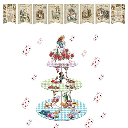 Alice im Wunderland Party Dekorationen - Vintage Tea Party Banner, Teeparty Wimpelkette, Alice im Wunderland Tortenständer Pappe, Teeparty-Dekorationen, Kaninchen-Kuchenständer, von Umimiss