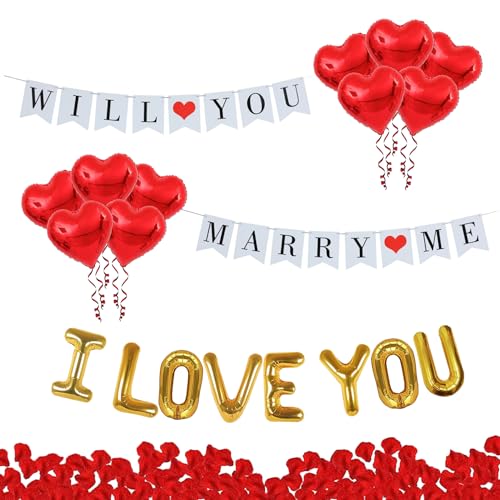 Antragsdekorationen - Will You Marry Me Banner I Love You Banner Herz Luftballons Rosenblätter Verlobungsdekorationen Hochzeit Garten Dekorationen Heiratsantrag Valentinstag Dekorationen Paket von Umimiss