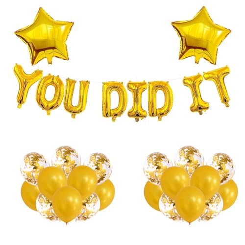 Umimiss - Congratulations Banner - 'You Did It' Banner, Sternförmige Ballons, Goldene Luftballons, Konfetti-Glitzerballons, Reusable Dekoration für Abschlussfeiern, Erwachsene, Unisex, 23 Stück von Umimiss