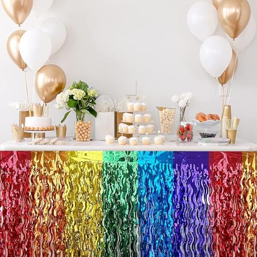 Glitzer Regenbogen Quaste Folie Fransen Tischrock - Regenbogen Lametta Vorhänge, Regenbogen Folie Fransenvorhang, Regenbogen Party Dekorationen für Erwachsene, Einhorn Party Dekorationen Kinder, von Umimiss