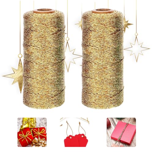 Umllpet 2 Stück Metallic Kordel,100m Gold Schnur,1mm Kordel Stickgarn Gold,Goldene Kordel,Goldfaden DIY Bastelschnur Verpackungsschnur Goldkordel für Geschenkpapier Dekoration Kunsthandwerk von Umllpet