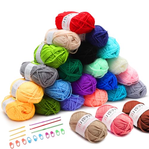 Umllpet 24 Farben Acrylwolle Set, Baumwolle, Wolle zum Stricken zur Herstellung von Haustierkleidung, Hüten, Handtüchern, Handschuhen, Inklusive 3 Haken, 3 Stiche und 10 Markierungsschnallen von Umllpet