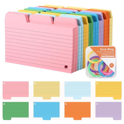 Umllpet 400 Stück Karteikarten, 8 Farben Linierte Flashcards, Pocket Beschriftete Bunt Lernkarten Beschriftbar mit 8 Binderinge Farbige Lernkarten Vokabelkarten für Schule Büro Zuhause Lernen Notizen von Umllpet