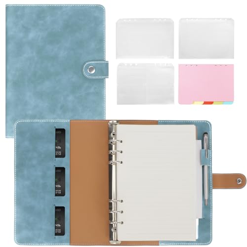 Unaikoo A5-Ringbuch-Notizbuch, 6-Ring-Binder-Planer-Set, persönlicher Planer mit A5-Nachfüllpapier, Bindertaschen, Fächerblätter, Papierblatt (blau) von Unaikoo