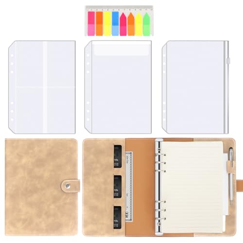 Unaikoo Leder A5-Ringbuch Notizbuch - 6 Ringbuch Planer Set - Persönlicher Planer mit A5 Nachfüllpapieren, Bindertaschen, PVC Haftnotizen Reisetagebuch Khaki von Unaikoo