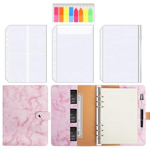 Unaikoo Leder A5-Ringbuch Notizbuch - 6 Ringbuch Planer Set - Persönlicher Planer mit A5 Nachfüllpapieren, Bindertaschen, PVC Haftnotizen Reisetagebuch Marmor Rosa von Unaikoo