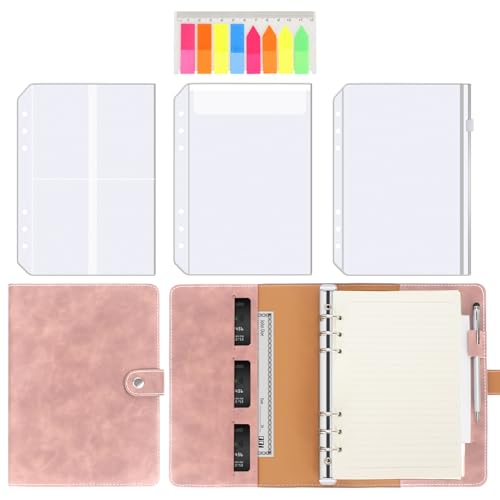 Unaikoo Leder A5-Ringbuch Notizbuch - 6 Ringbuch Planer Set - Persönlicher Planer mit A5 Nachfüllpapieren, Bindertaschen, PVC Haftnotizen Reisetagebuch Rosa von Unaikoo