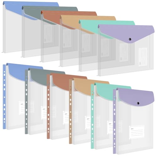 Unaone 12 Pack Dokumententasche A4-6 Farben A4 Transparente Ordner für Dokumente, Wasserdicht Dokumente Datei Organisation mit 11 Loch Rand Klettverschluss und Label Tasche für Schule, Büro von Unaone