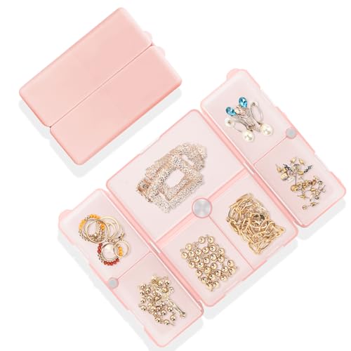 Unaone Schmuck-Organizer – 7 Fächer, tragbare Reise-Schmuckschatulle für Mädchen und Frauen, faltbares Design, Schmuck-Aufbewahrungsbox für Ohrringe, Halsketten und Ringe, Rosa von Unaone