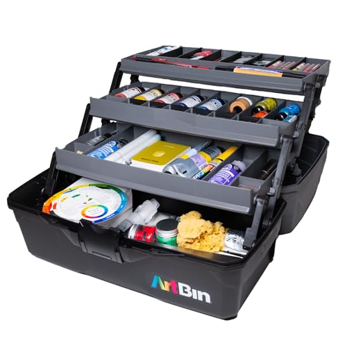 ArtBin 6893AG 3 Fächer für Kunstbedarf, tragbarer Organizer für Kunst-und Bastelarbeiten, mit herausnehmbaren Ablagen, [1] Kunststoff-Aufbewahrungsbox, grau/schwarz, 0, Three Tray von ArtBin