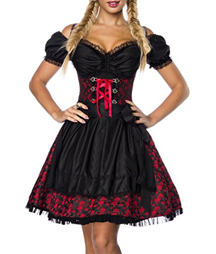 Dirndl Kleid Kostüm mit Bluse und Schürze aus Jacquard Stoff und Spitze Spitzenstoff Oktoberfest Dirndl rot/schwarz M Oberteil dunkel von Unbekannt
