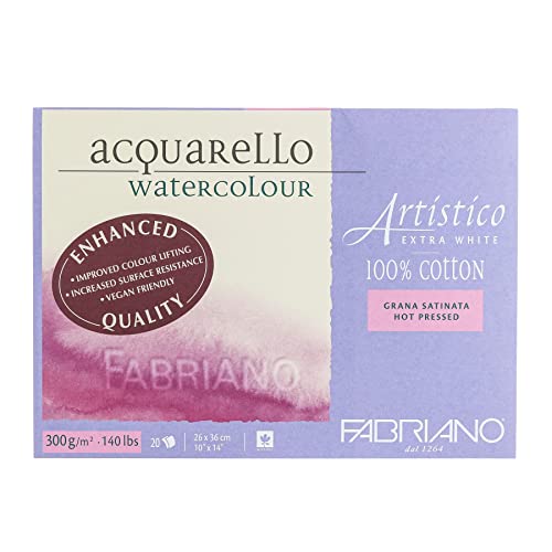 Fabriano Artistico Acquarello Watercolour, extra weiß, satiniert hot pressed, 26 x 36 cm, 20 Blatt 300 g/m², hochwertiger Künstler-Aquarellkarton, Block 4-seitig geleimt, vegan von Honsell