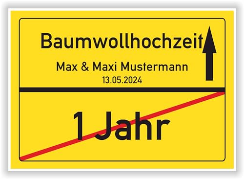 Geschenkidee zur Baumwollhochzeit - 1 Jahr Verheiratet - Baumwoll Hochzeit - Ortsschild Bild Geschenk zum Hochzeitstag - Jubiläum mit Namen und Datum personalisiert von Druck-Geschenk