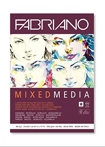 Fabriano Honsell 19100502 - Fabriano Mixed Media Künstlerpapier Block, DIN A5, 40 Blatt 250 g/m², geeignet für nasse und trockene Maltechniken, Weiß von Fabriano