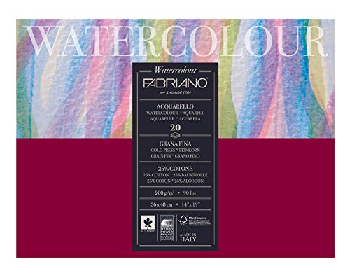 Fabriano Honsell 72613648 - Fabriano Watercolour Aquarellkarton, 200 g/m², 36 x 48 cm, 20 Blatt, Block 4 fach geleimt, naturweiß, Feinkorn, säurefrei, samtartige Oberfläche von Fabriano