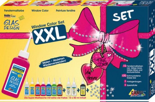 KREUL 42849 - Window Color XXL Set, für kleine und große Kreative, 9 x 80 ml Fenstermalfarben, 80 ml Konturenfarbe, eine Spezialfolie, 150 Schmucksteine und Vorlagen mit Blüten und Mandalamotiven von Unbekannt