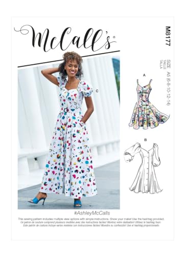 McCall's M8177A5 Damenkleid, Prinzessinnen-Saum, Knopf, Schnittmuster M8177, Papier, weiß, Sizes 6-14 von McCall's