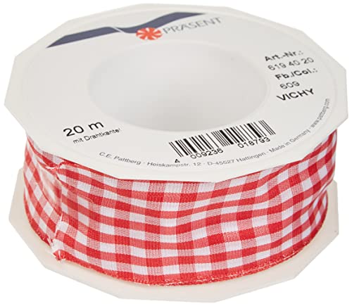 Präsent Vichy Geschenkband mit Drahtkante rot/weiß, 20 m Dekoband zum Verzieren & Basteln, 40 mm Breite, Kariertes Band für Bunte Dekos & Geschenkverpackungen, zu feierlichen Anlässen von Präsent