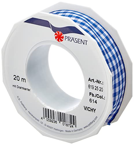 Präsent Vichy Geschenkband mit Drahtkante Royalblau/weiß, 20 m Dekoband zum Verzieren & Basteln, 25 mm Breite, Kariertes Band für Bunte Dekos & Geschenkverpackungen, zu feierlichen Anlässen von Präsent