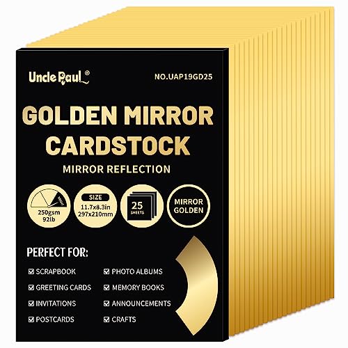 A4 Golden Mirror Cardstock Paper, 25 Sheets 250gsm/92Ib Metallic Reflective Paper for Crafts, Foil Cardstock for DIY Projects Birthday Party Decoration UAP19GD25 von Uncle Paul