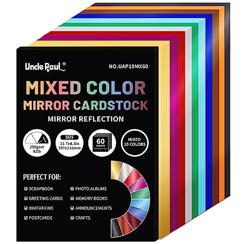 A4-Spiegelkartonpapier in gemischten Farben, 60 Blatt, 10 Farben, 250 g/m²/92 lb, metallisch reflektierendes Papier für Bastel- und Heimwerkerprojekte, UAP19MX60 von Uncle Paul