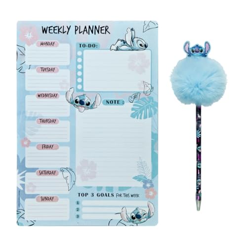 Undercover Wochenplaner Disney Stitch mit Kugelschreiber, Geschenk Set Notizblock Planer A4 mit Puschelstift, Schulset Geschenk Kinder, 52 Blatt von Undercover