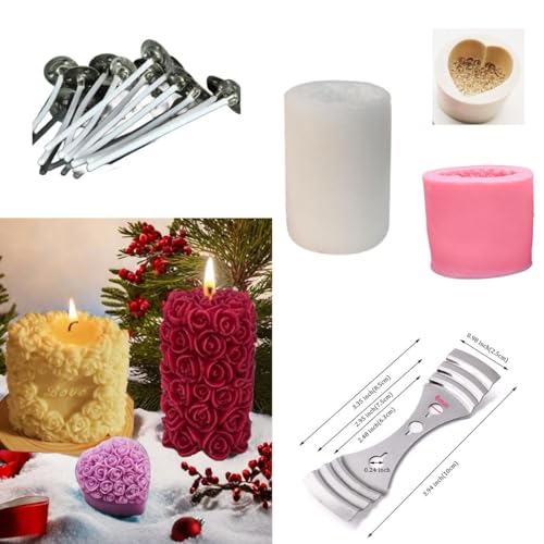 Unee Das 3-teilige Rosen-Silikonform-Starter-Set beleuchtet Ihre DIY-Kunst, Kerzen, Backen, Seifenhandwerk – handgefertigtes 3D-Formen-Set mit 10 Dochten und 1 Lokatorstift, einfache Formentriegelung. von Unee