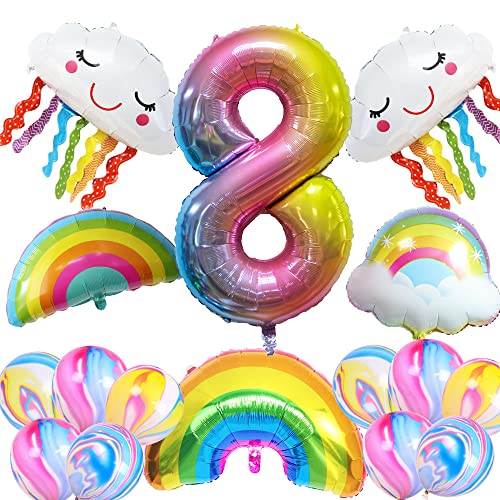 Ungfu Mall 8. Regenbogen Geburtstagsdeko Set Regenbogen ballon Geburtstagszahl 8 Folien Regenbogen Quasten Luftballons für Babyparty Bunte Thema Geburtstagsfeierdekorationen von Ungfu Mall