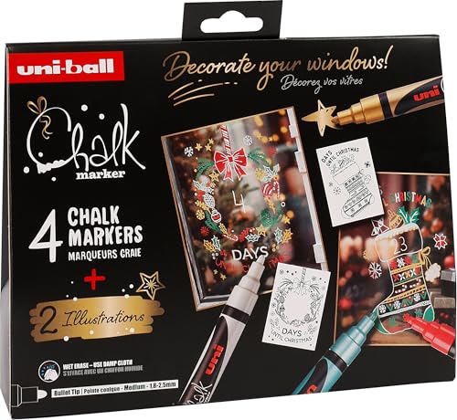 Uni-Ball 186279 - Kreidemarker Set Xmas trad, 4 Marker mit 2 Schablonen, UNI CHALK MARKER, Kreidestifte für Fenster von Uni-Ball