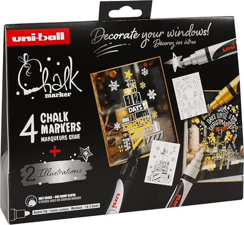 Uni-Ball 186280 - Kreidemarker Set Xmas skand, 4 Marker mit 2 Schablonen, UNI CHALK MARKER, Kreidestifte für Fenster von Uni-Ball