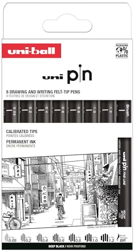 Uni-Ball Stiftetui, 8 Stück, kalibrierte Marker, 0,05 bis 1,2 mm, Schwarz, klassisches Set II von Uni-Ball