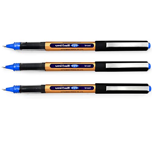 Uni-Ball UB-150-10 Eye On Point Stay Gold Broad Kugelschreiber, Blau, Premium-Tintenrollerspitze 1,0 mm für super glatte Handschrift, farbechte und wasserbeständige Flüssigtinte Uni Super Ink, 3 Stück von Uni-Ball