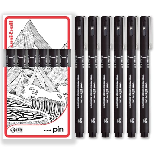 Uni Pin Fineliner Zeichenstifte, Keilspitzen, schwarze Tinte, 3,0 mm Spitze, 6 Stück, in Geschenkbox von Uni-Ball